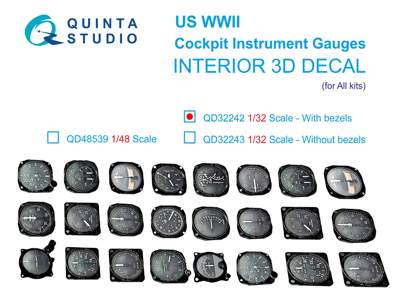 US WWII Cockpit instrument gauges with bezels 3D-Printed & coloured Interior on decal paper (All Kits)