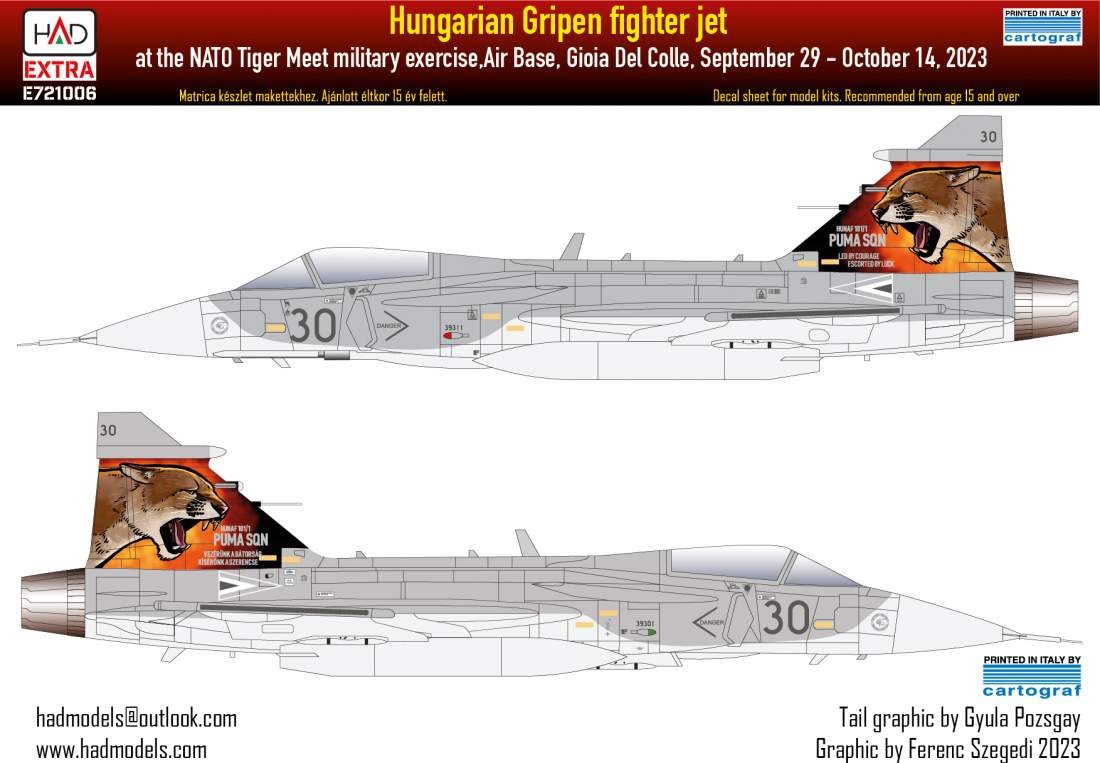 Decal 1/72  JAS-39 Gripen Tigermeet 2023 HUNAF (HAD)