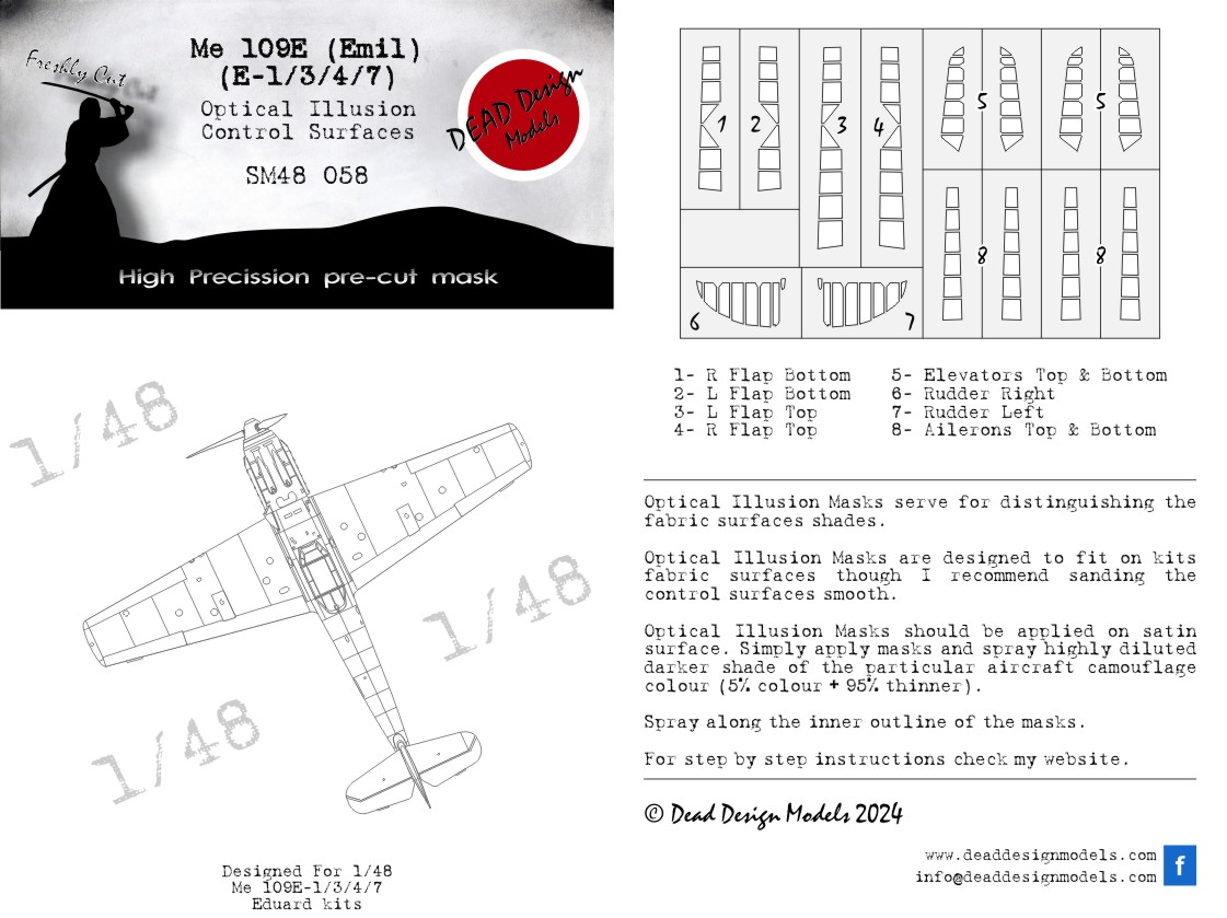 Messerschmitt Bf-109E-1/Bf-109E-3/Bf-109E-4/Bf-109E-7 3D/optical illusion paint mask for control surfaces (designed to be used with Eduard kits)