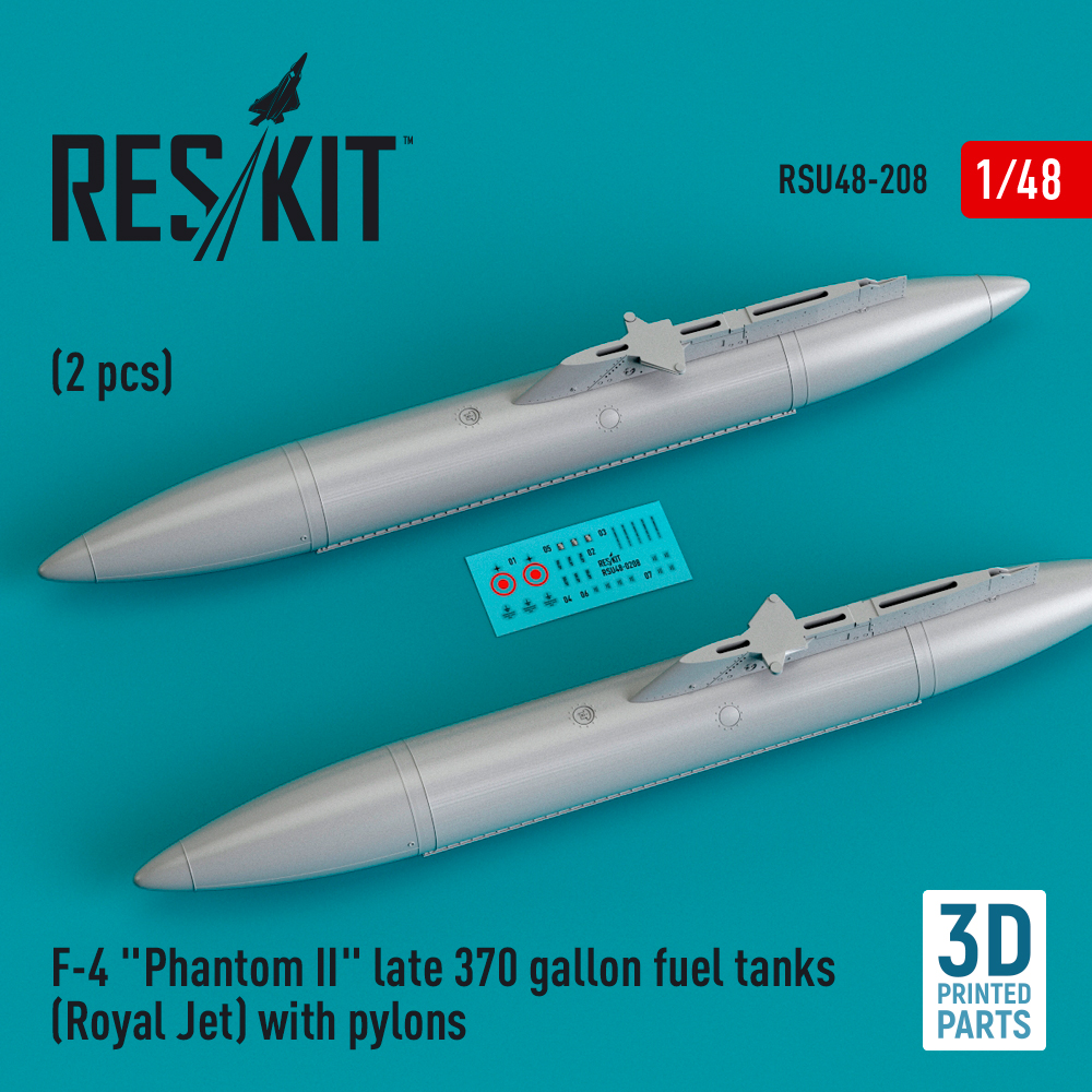 Additions (3D resin printing) 1/48      McDonnell F-4 Phantom II late 370 gallon fuel tanks (Royal Jet) with pylons (2 pcs) (ResKit)
