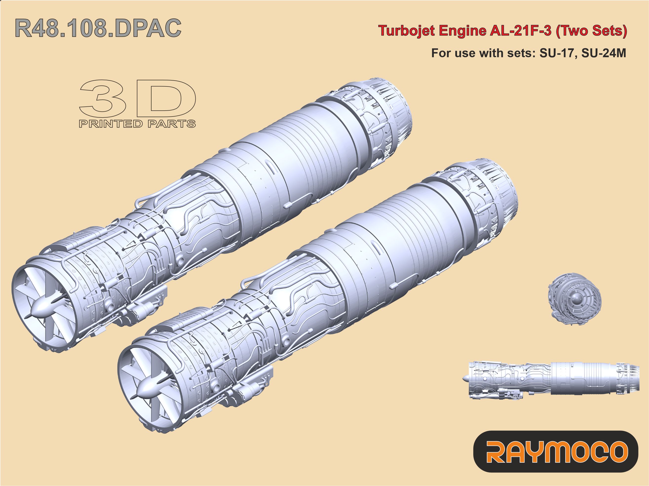 Additions (3D resin printing) 1/48 Turbo Jet Engine AL-21F-3 (2 Sets) (Raymoco)