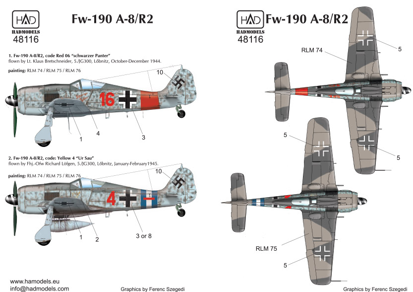 Decal 1/48 Fw-190 A-8/R2 (Red 4,Red16) (HAD)
