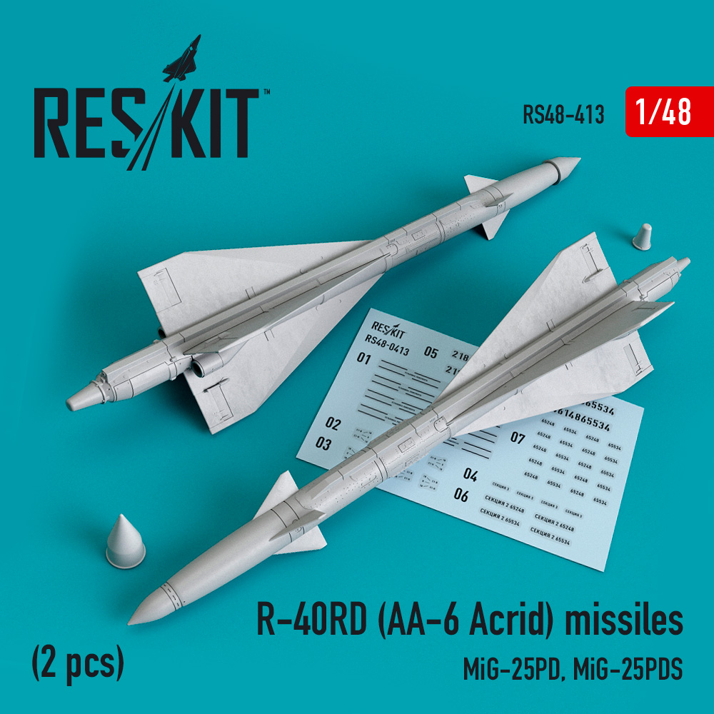 Additions (3D resin printing) 1/48 R-40RD (AA-6 Acrid) missiles (2 pcs) (ResKit)