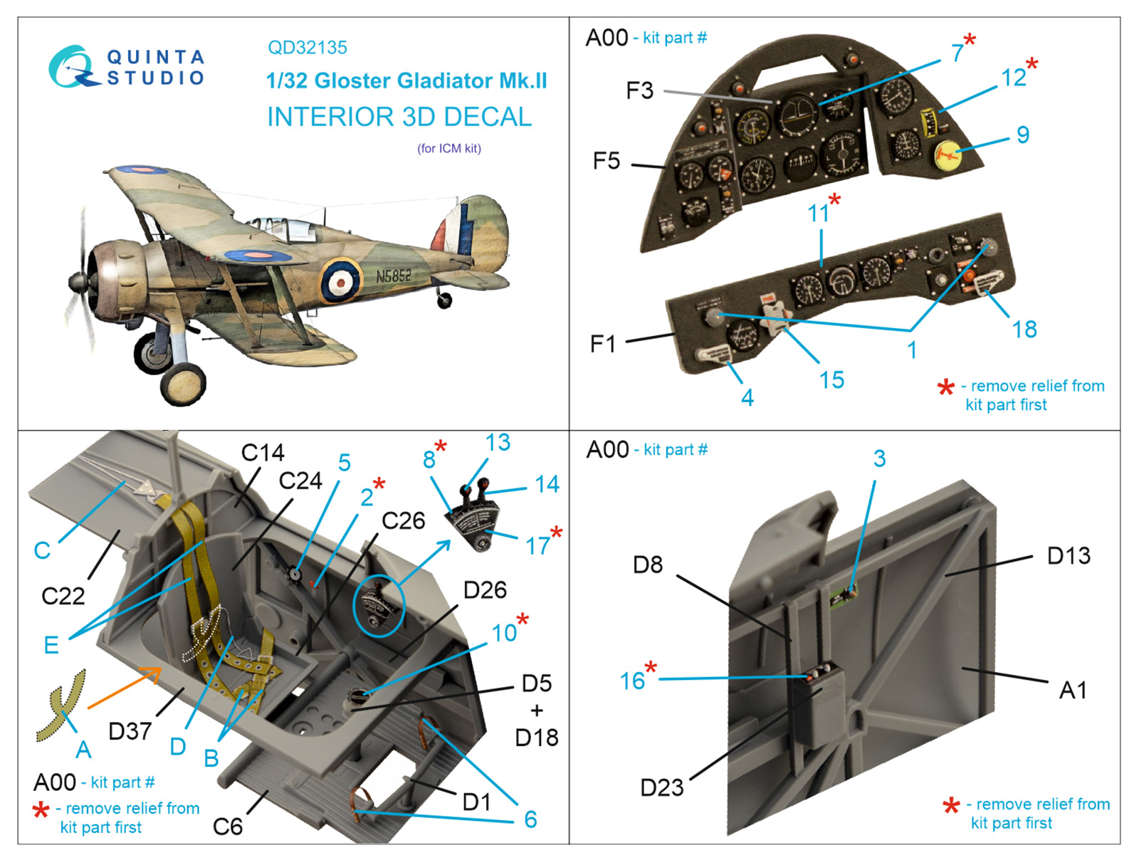 Gloster Gladiator Mk II 3D-Printed & coloured Interior on decal paper (ICM)