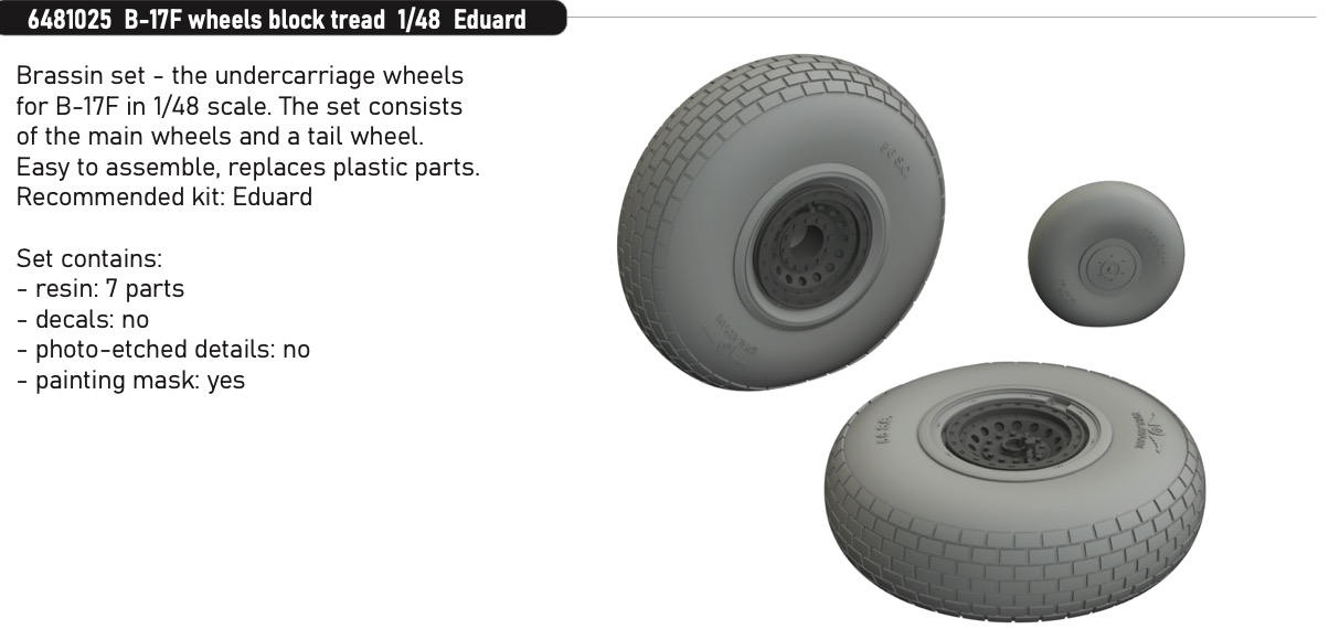 Additions (3D resin printing) 1/48 Boeing B-17F Flying Fortress wheels with block tread the pattern (designed to be used with Eduard kits)