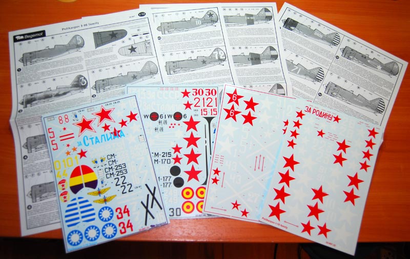Decal 1/32 Polikarpov I-16 family Decal consist from 4 big sheets and include 50 versions of this aircraft (Begemot)