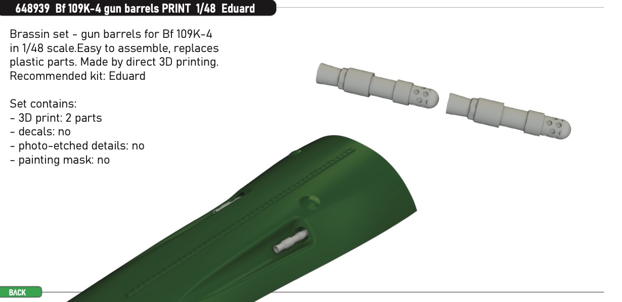 Additions (3D resin printing) 1/48       Messerschmitt Bf-109K-4 gun barrels 3D-Printed (designed to be used with Eduard kits) 
