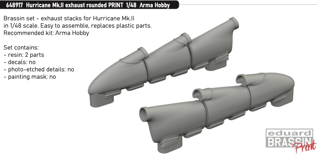 Additions (3D resin printing) 1/48 Hawker Hurricane Mk.II exhaust rounded 3D-Printed (designed to be used with Arma Hobby kits)