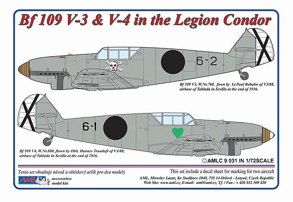 Decal 1/72 Messerschmitt Bf-109V3,V4 / 2 decal versions Legion Condor in Spain (AML)