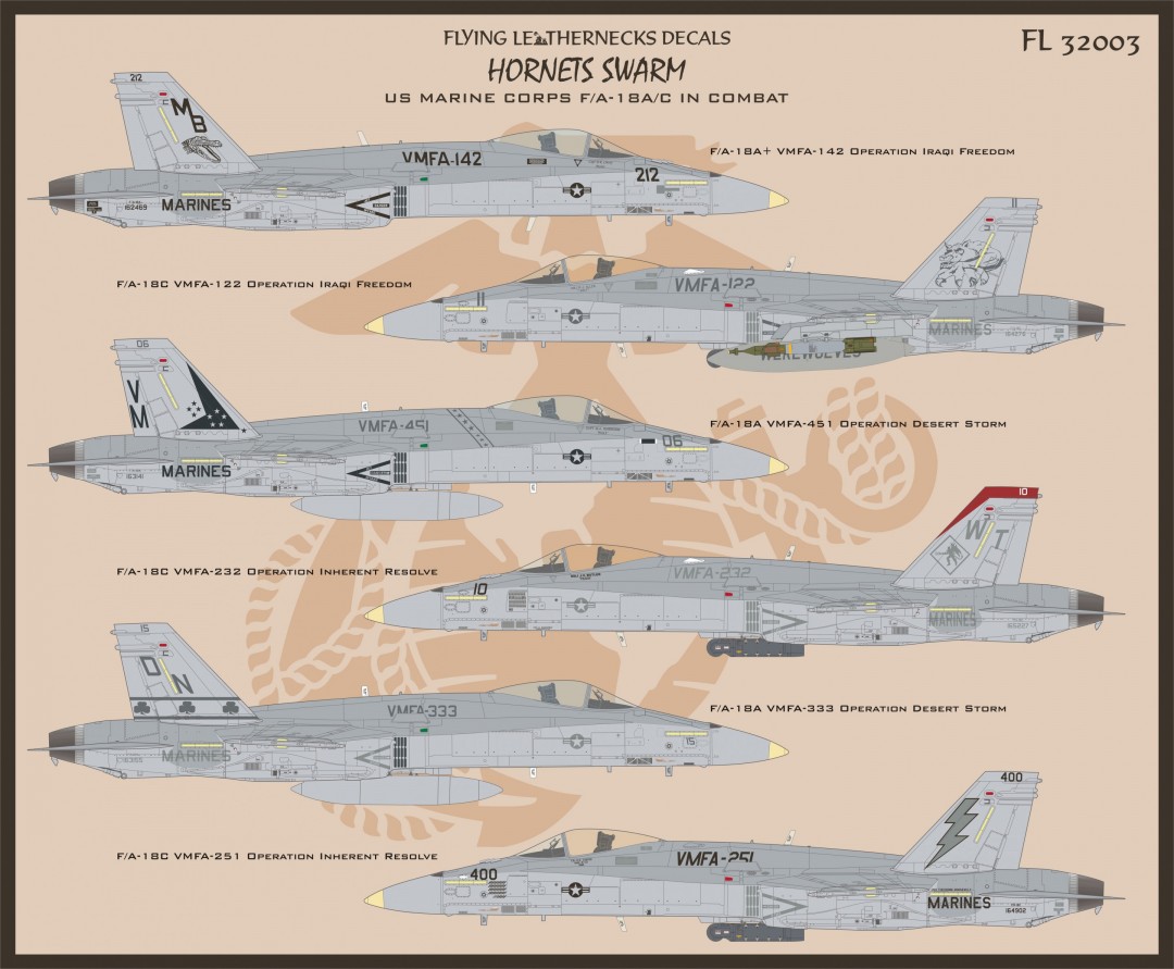 Decal 1/32  McDonnell-Douglas F/A-18A/C Hornets Swarm  (Flying Leathernecks)