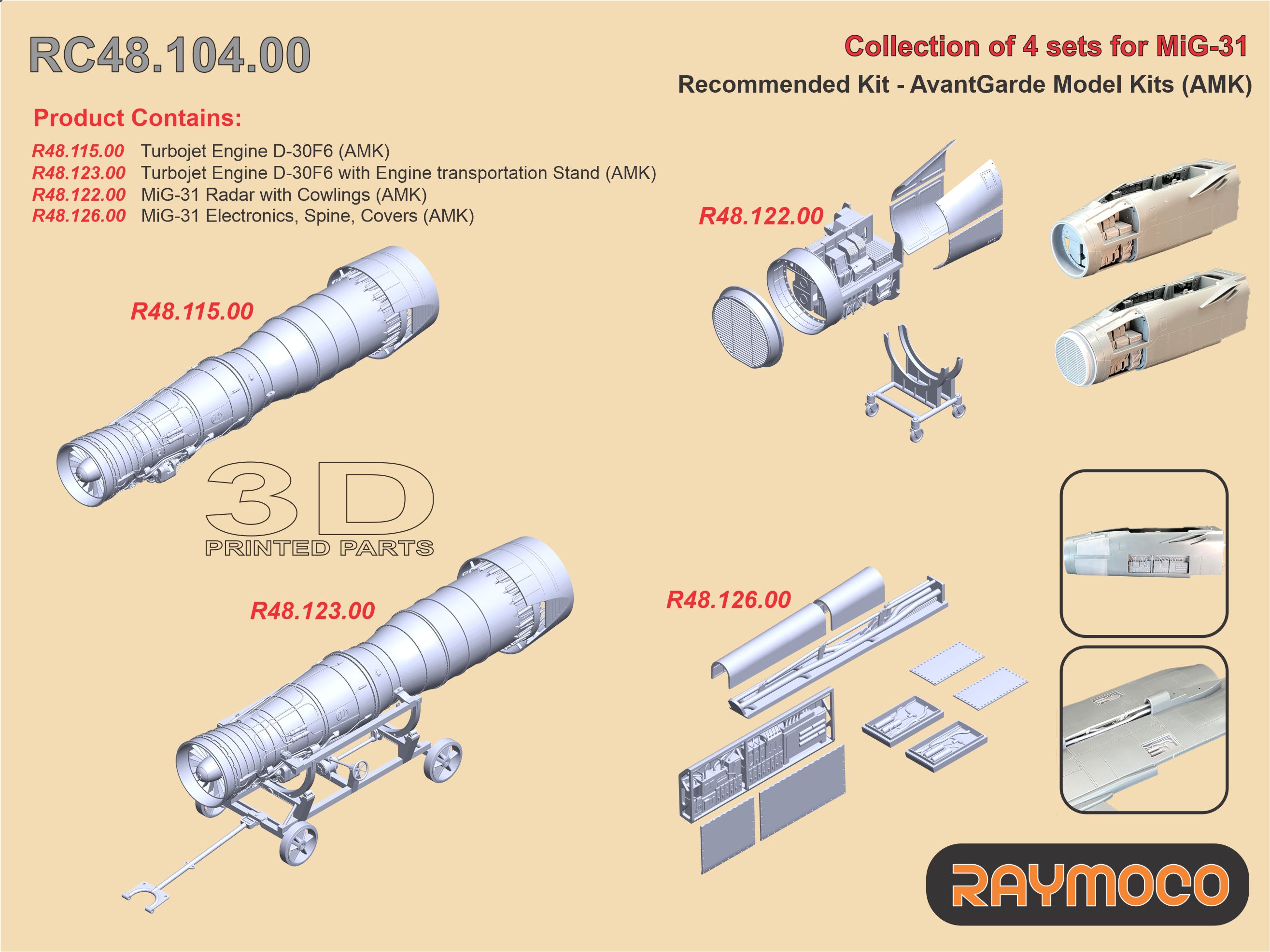 Additions (3D resin printing) 1/48 Collection of 4 sets for MiG-31 (AMK) (Raymoco)