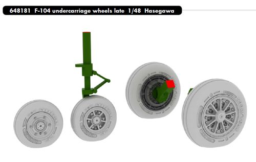 Additions (3D resin printing) 1/48 Lockheed F-104 Starfighter undercarriage late wheels with weighted tyre effect (designed to be used with Hasegawa kits)