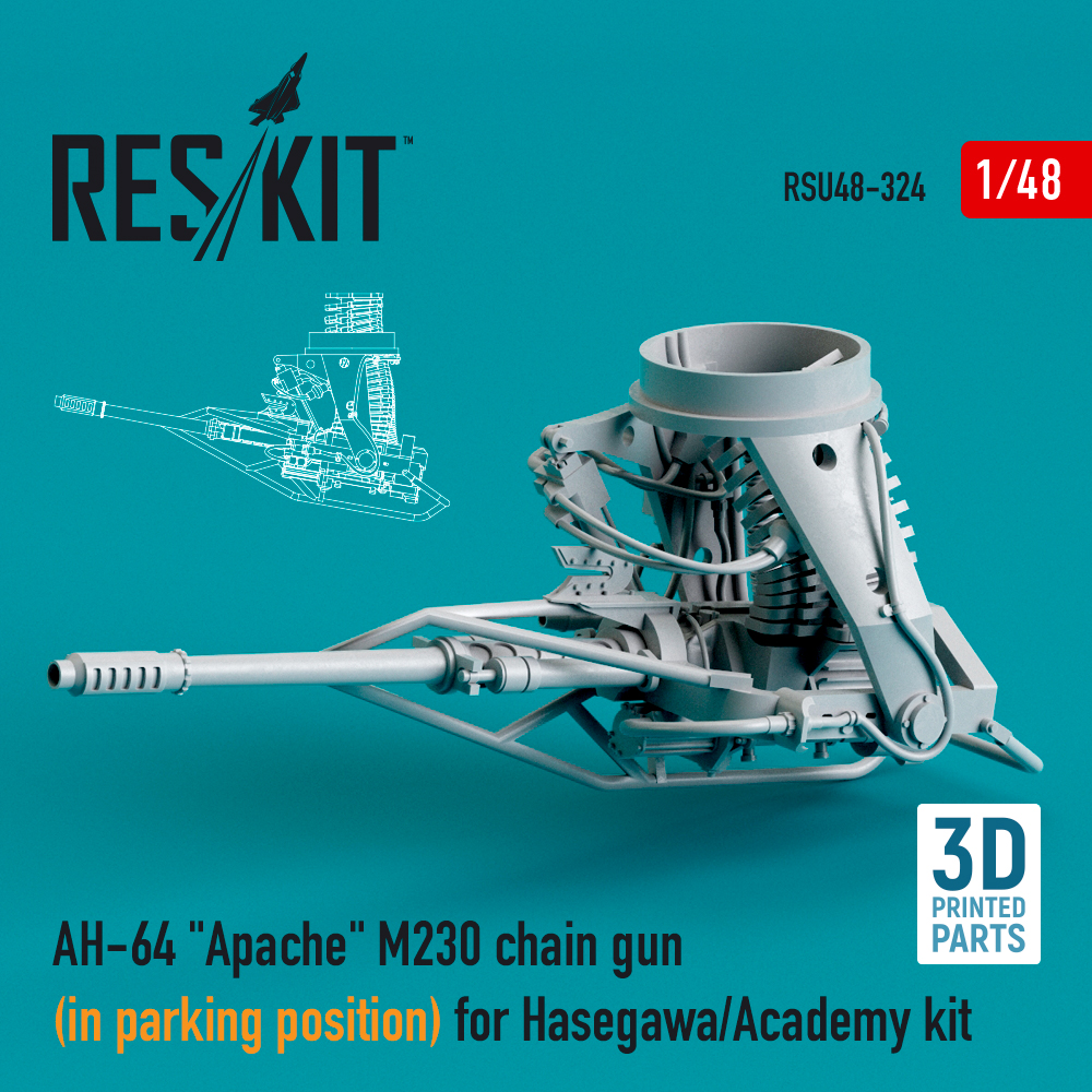 Additions (3D resin printing) 1/48 Boeing/Hughes AH-64 Apache M230 chain gun (in parking position) (ResKit)