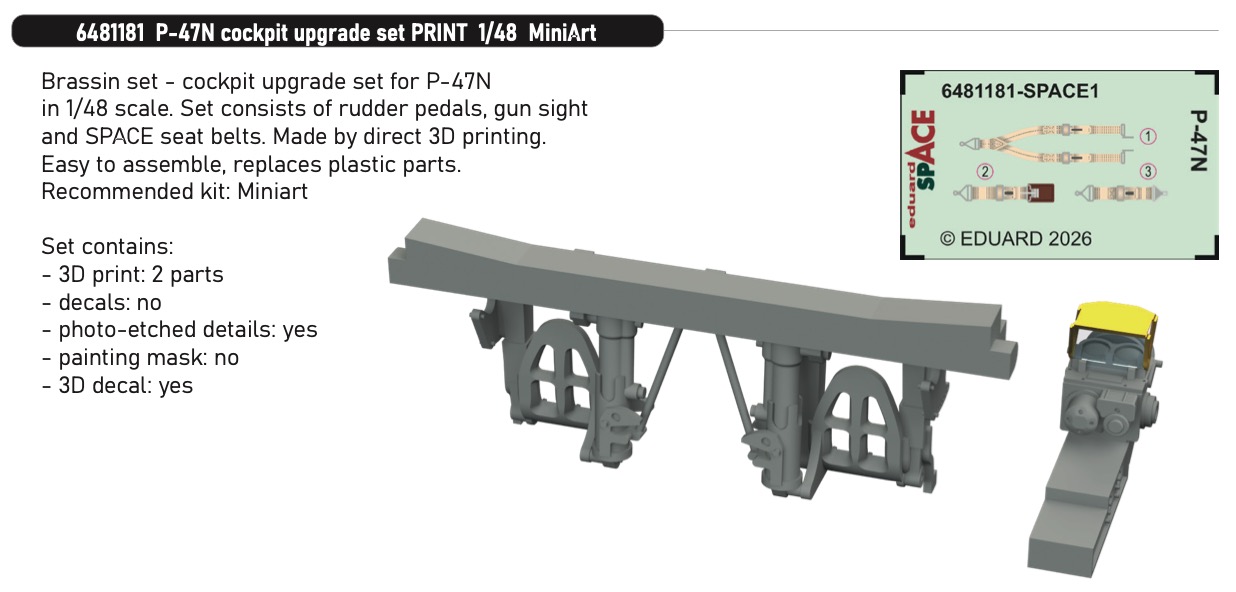 Additions (3D resin printing) 1/48 Republic P-47N Thunderbolt cockpit upgrade set (3D-Printed) 1/48 (designed to be used with Miniart kits)