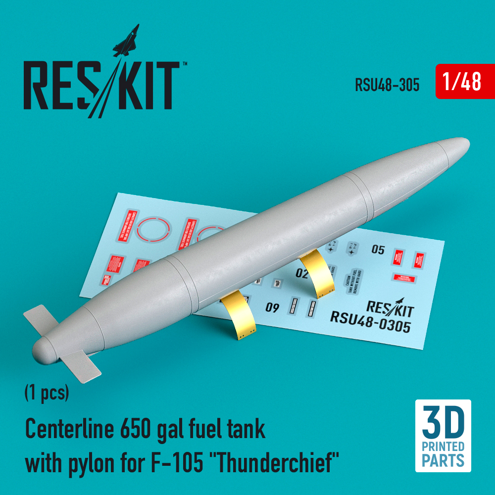 Additions (3D resin printing) 1/48 Centerline 650 gal fuel tank with pylons for Republic F-105D/F-105G Thunderchief (1 pcs) (ResKit)