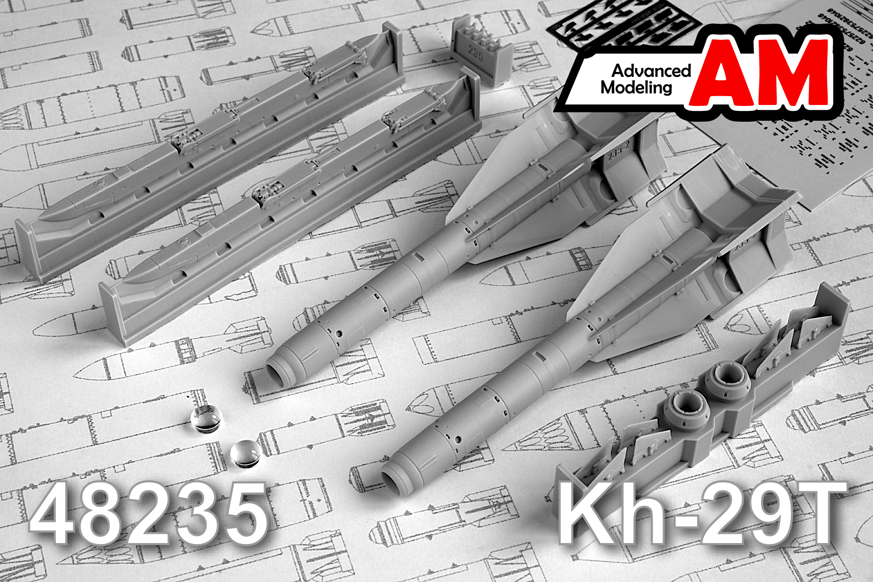 Additions (3D resin printing) 1/48 Aircraft guided missile Kh-29T with launcher AKU-58-1 (Advanced Modeling) 