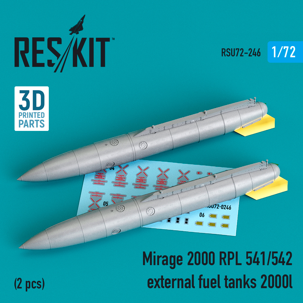 Additions (3D resin printing) 1/72 Dassault-Mirage 2000 RPL 541/542 external fuel tanks 2000lt (2 pcs) (ResKit)