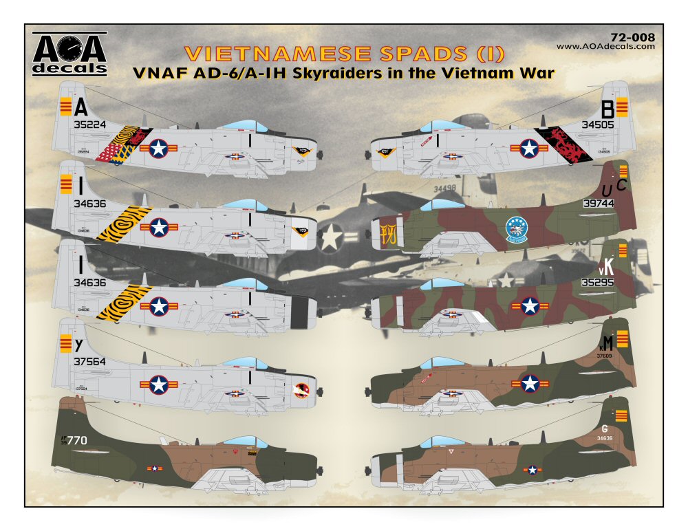 Decal 1/72 VIETNAMESE SPADS (1) VNAF Douglas AD-6/A-1H Skyraiders in the Vietnam War (AOA Decals)
