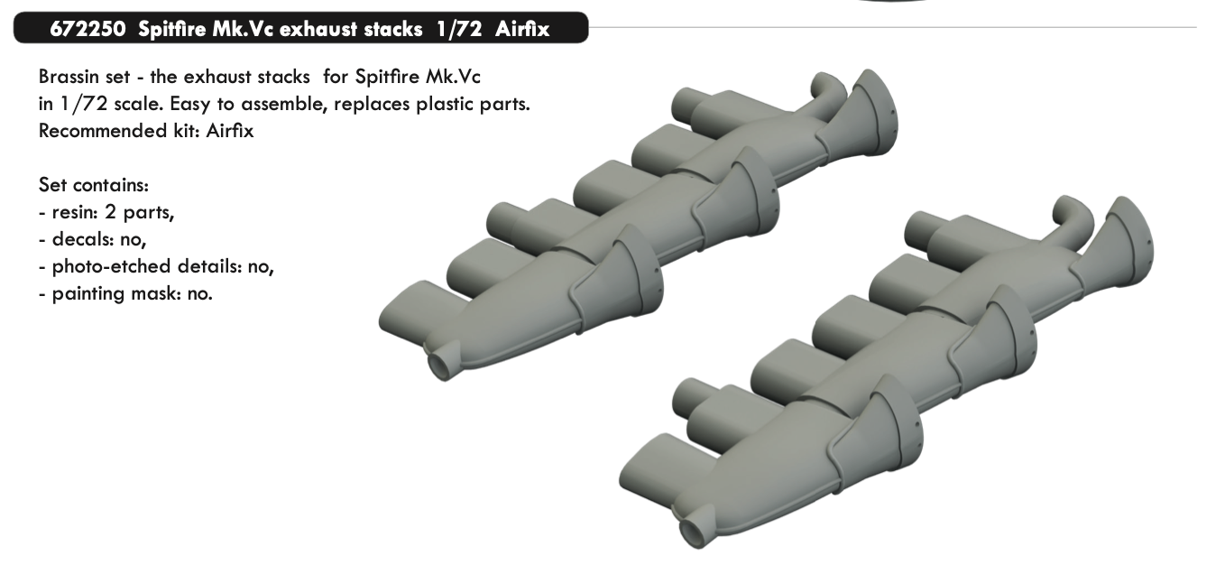 Additions (3D resin printing) 1/72 Supermarine Spitfire Mk.Vc exhaust stacks (designed to be used with Airfix kits) 