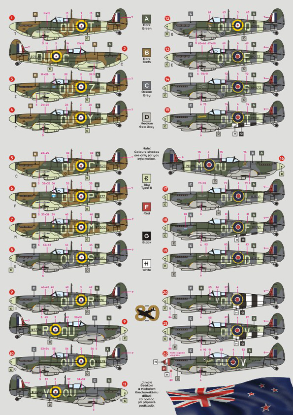 Decal 1/72 No.485 (NZ) Sq. "Presentation Spitfires" (21 camouflage schemes) (DK Decals)