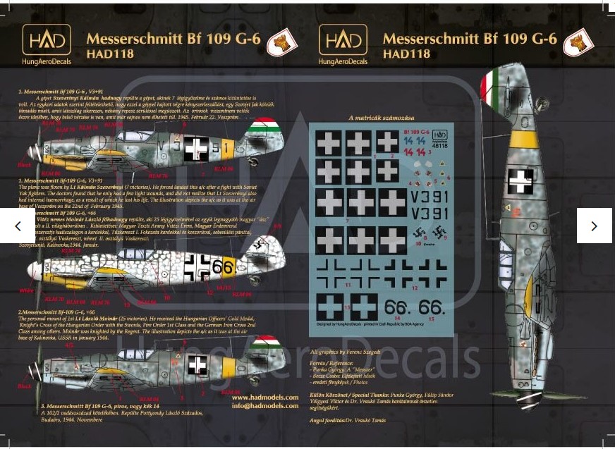 Decal 1/72 Bf 109 G-6 (66 Erzsike, 14, V391) (HAD)