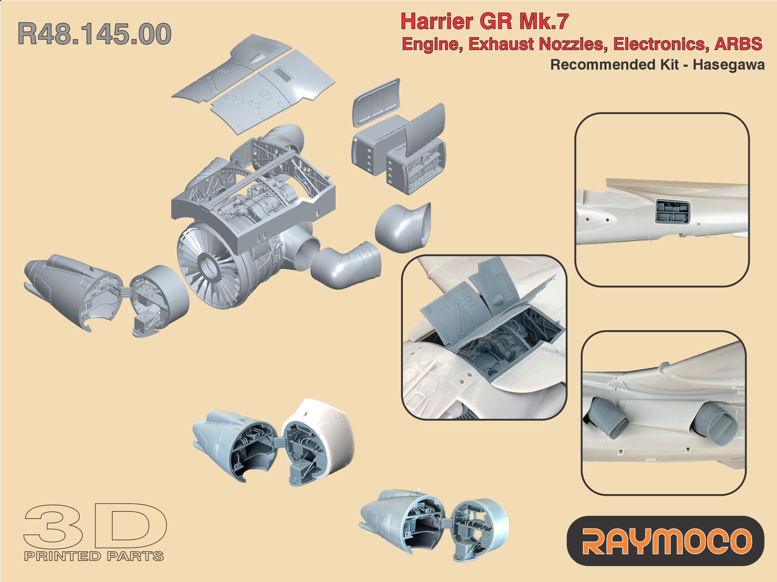 Additions (3D resin printing) 1/48 Harrier GR Mk.7 Engine, Exhaust Nozzles, Electronics, ARBS. (Raymoco)