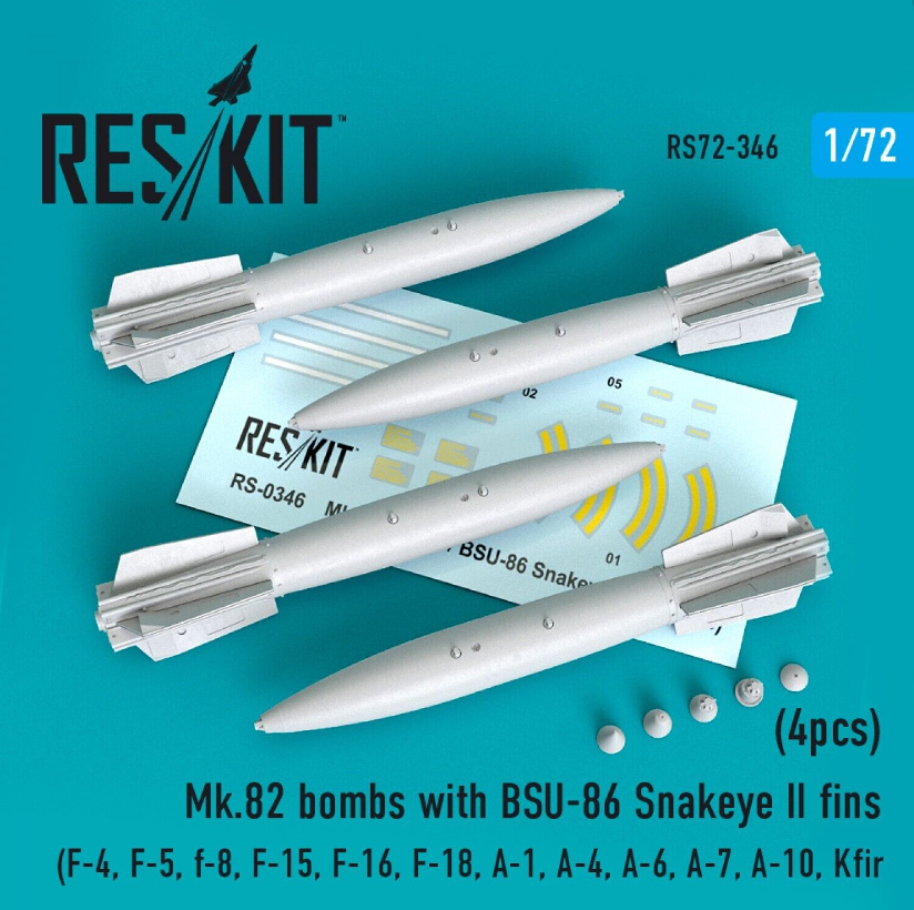 Additions (3D resin printing) 1/72 Mk-82 bombs with BSU-86 Snakeye II fins (4pcs) (ResKit)