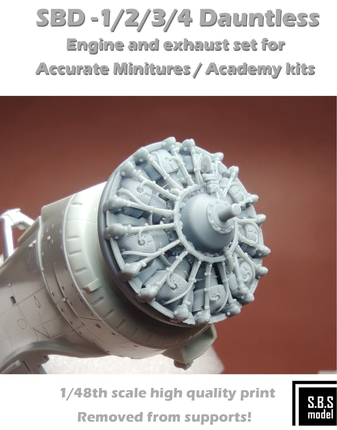 Additions (3D resin printing) 1/48 Douglas SBD Dauntless engine & exhaust set