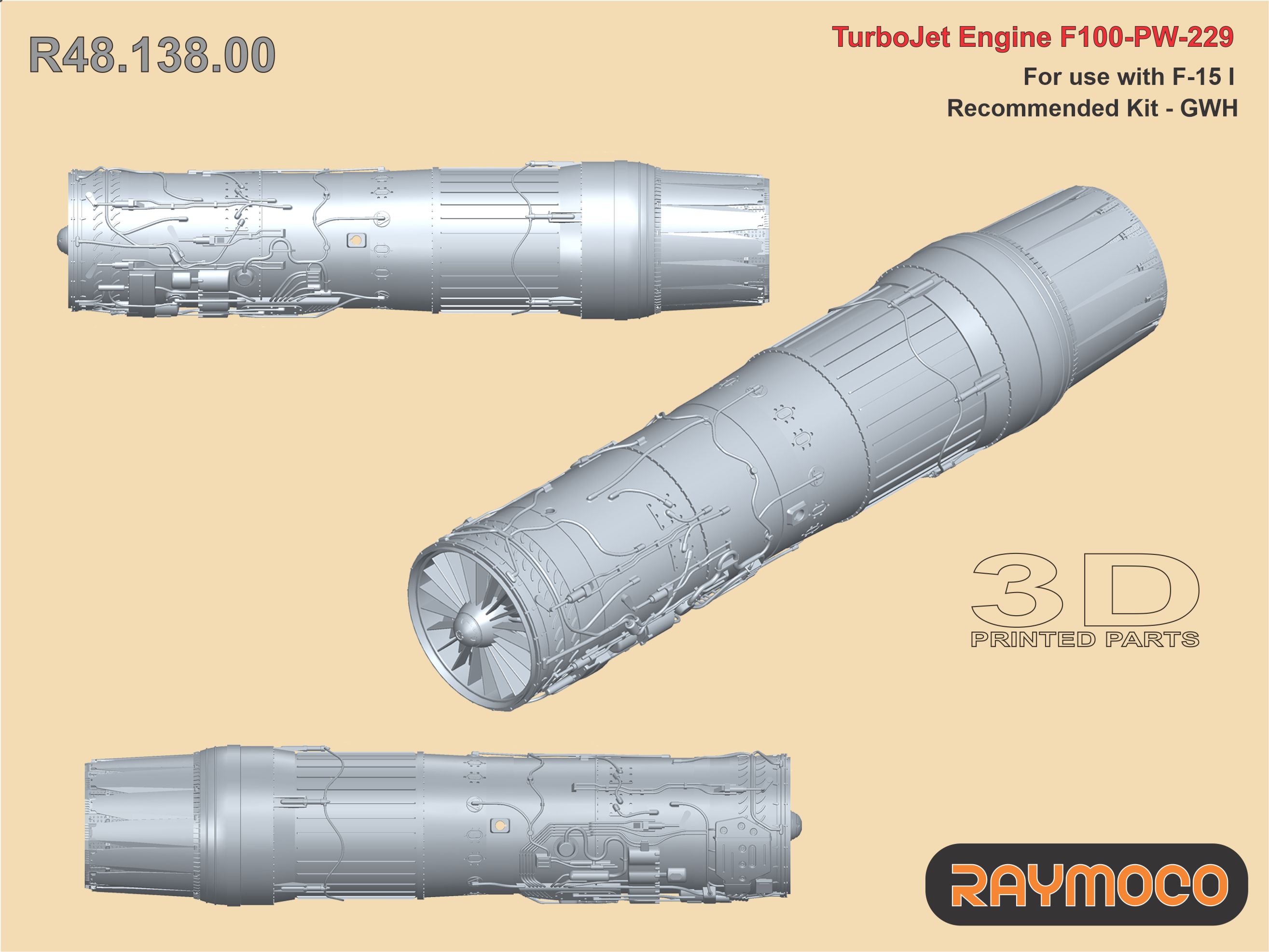 Additions (3D resin printing) 1/48 Turbo Jet Engine F100-PW-229 (Raymoco)