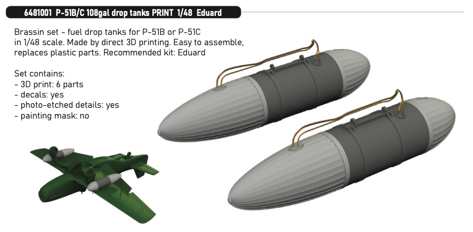 Additions (3D resin printing) 1/48 North-American P-51B/P-51C Mustang 108gal drop tanks PRINT 1/48 (designed to be used with Eduard kits)