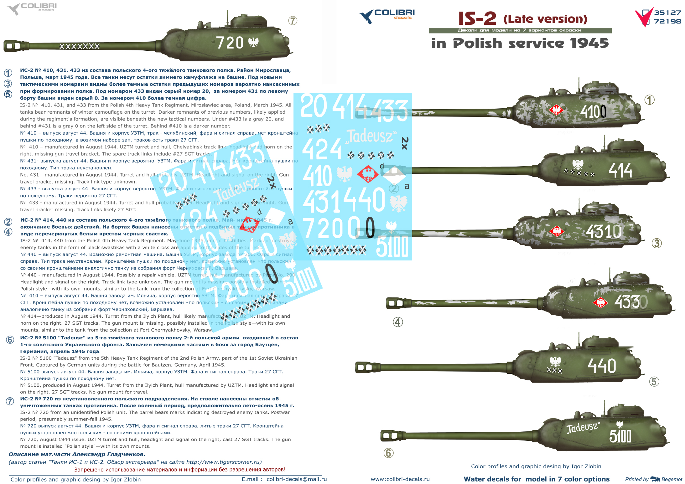 Decal 1/72 JS-2  in Polish service 1945 (Late version) (Colibri Decals)