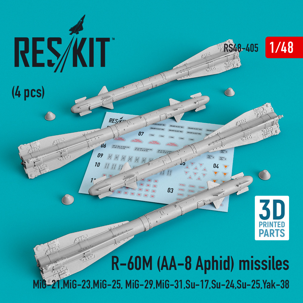 Additions (3D resin printing) 1/48 R-60M (AA-8 Aphid) missiles (4 pcs) (ResKit)