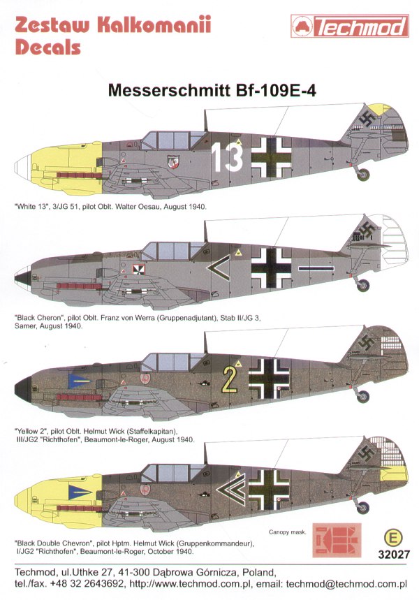 Decal 1/32 Messerschmitt Bf-109E-4 (4)) (Techmod)