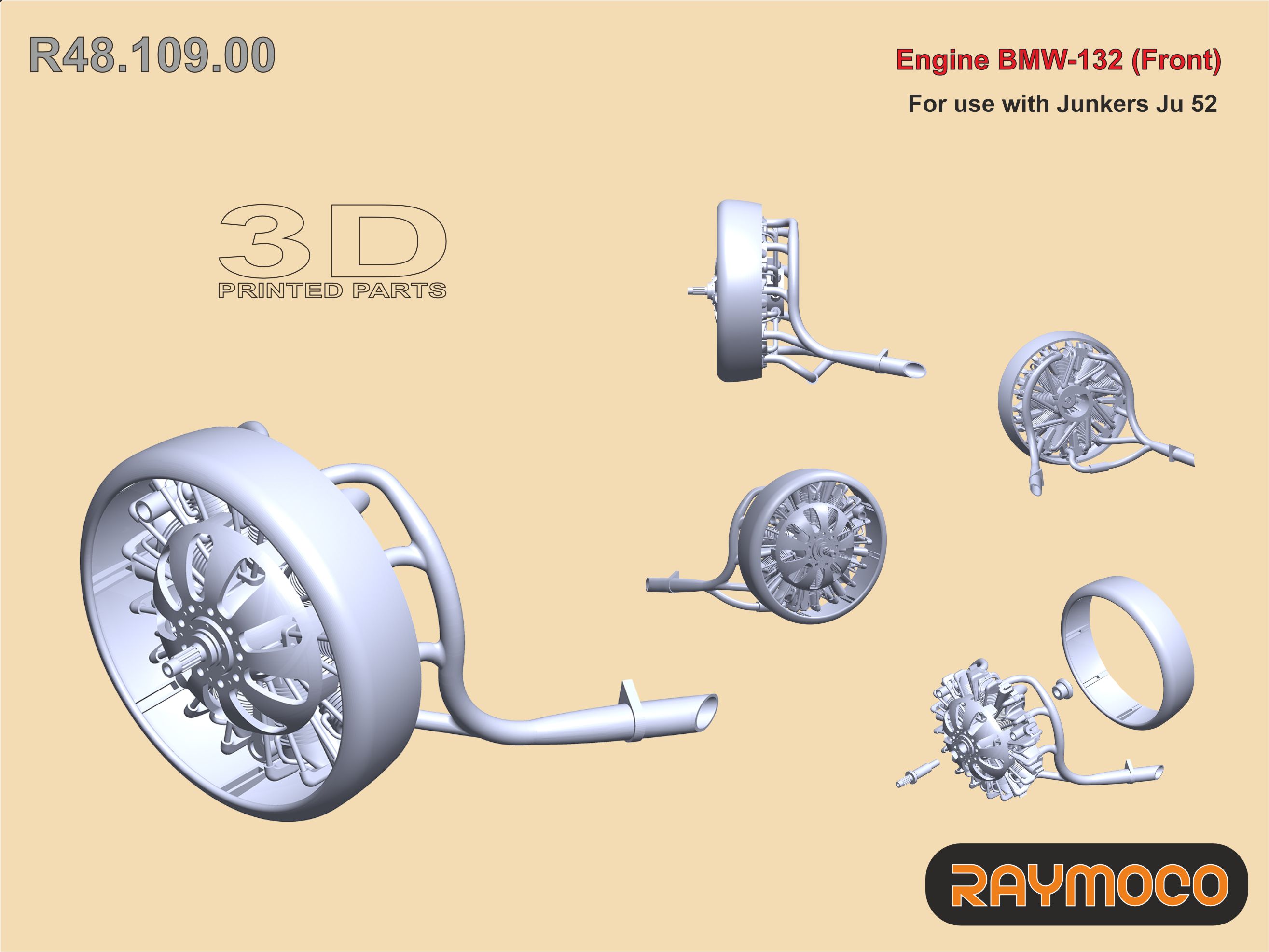 Additions (3D resin printing) 1/48 Engine BMW-132 Front (Raymoco)