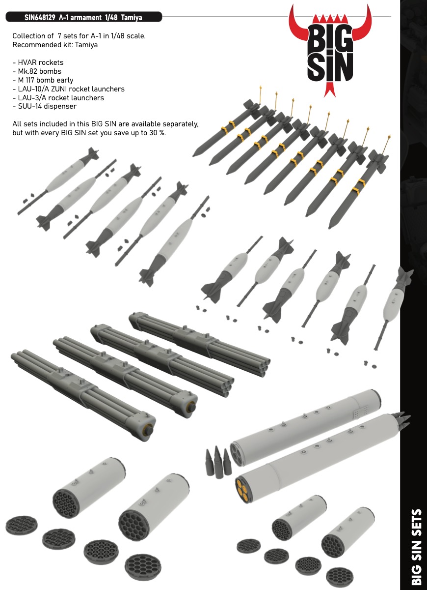 Additions (3D resin printing) 1/48 Douglas A-1H/A-1J Skyraider armament 1/48 (designed to be used with Tamiya kits)