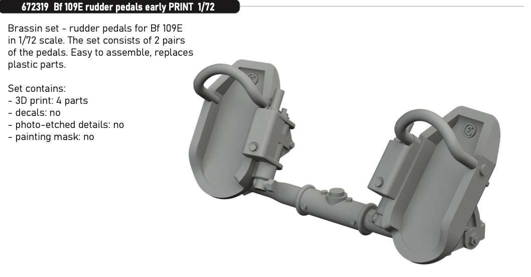 Additions (3D resin printing) 1/72 Messerschmitt Bf-109E rudder pedals early