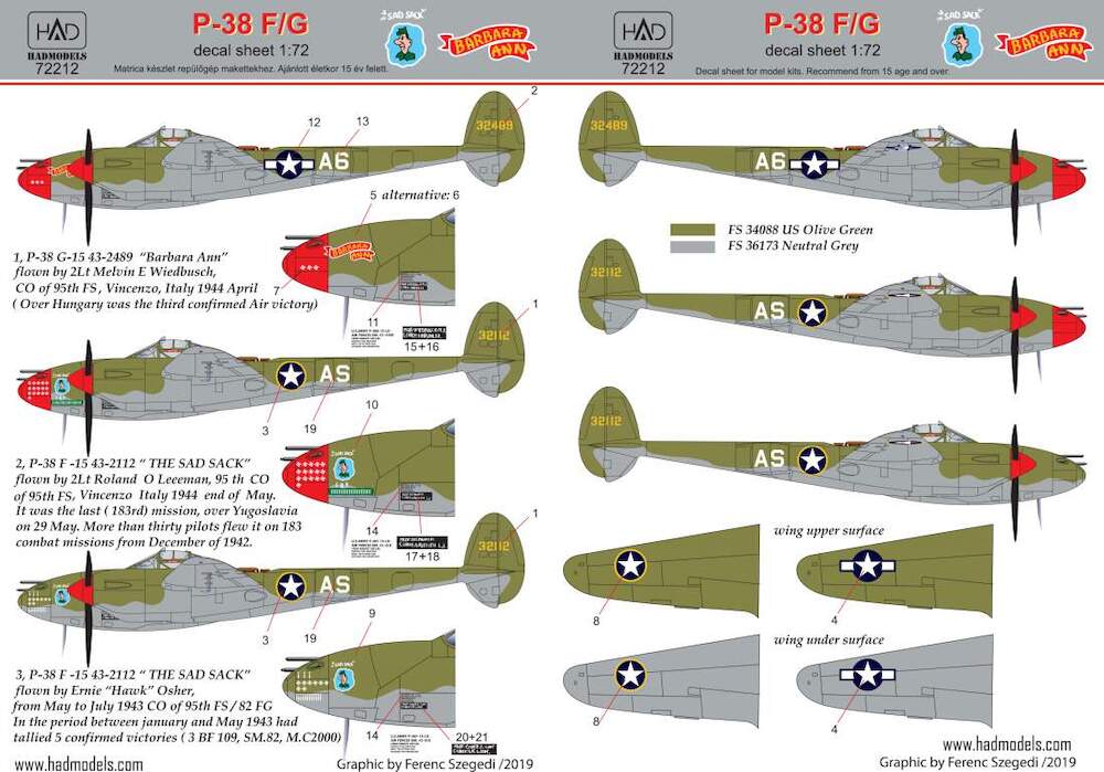 Decal 1/72 P-38 F/G above Europe (3x camo) (HAD)