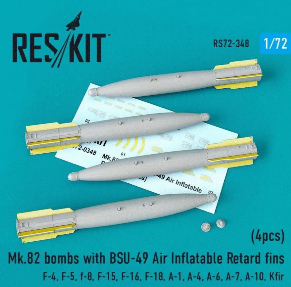 Additions (3D resin printing) 1/72 Mk-82 bombs with BSU-49 Air Inflatable Retard fins (4pcs) (ResKit)