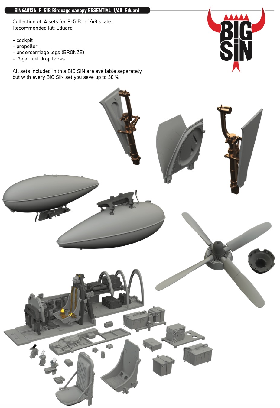 Additions (3D resin printing) 1/48 North-American P-51B Mustang Birdcage canopy ESSENTIAL (designed to be used with Eduard kits)