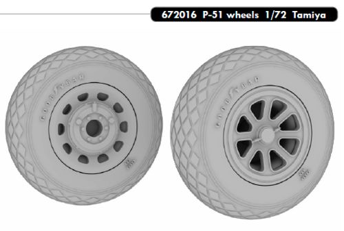 Additions (3D resin printing) 1/72      North-American P-51D Mustang wheels with weighted tyre effect (designed to be used with Tamiya kits) 