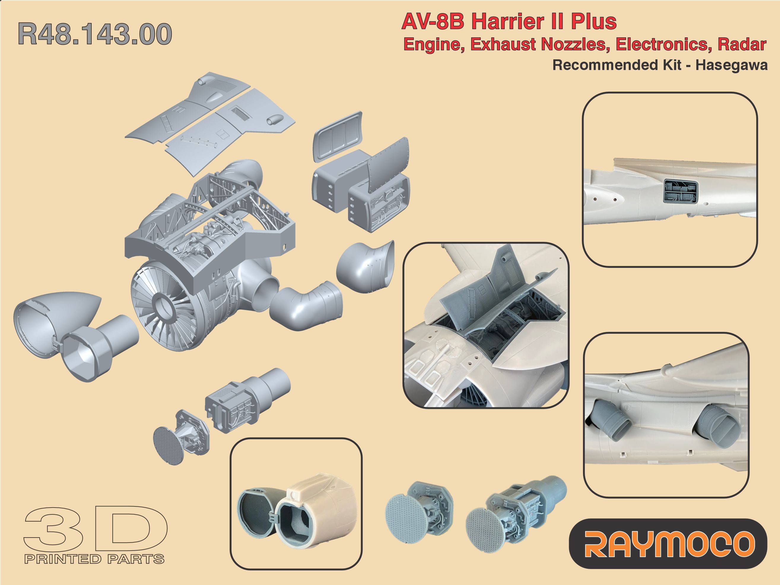 Additions (3D resin printing) 1/48 AV-8B Harrier II Plus Engine, Exhaust Nozzles, Electronics, Radar. (Raymoco)