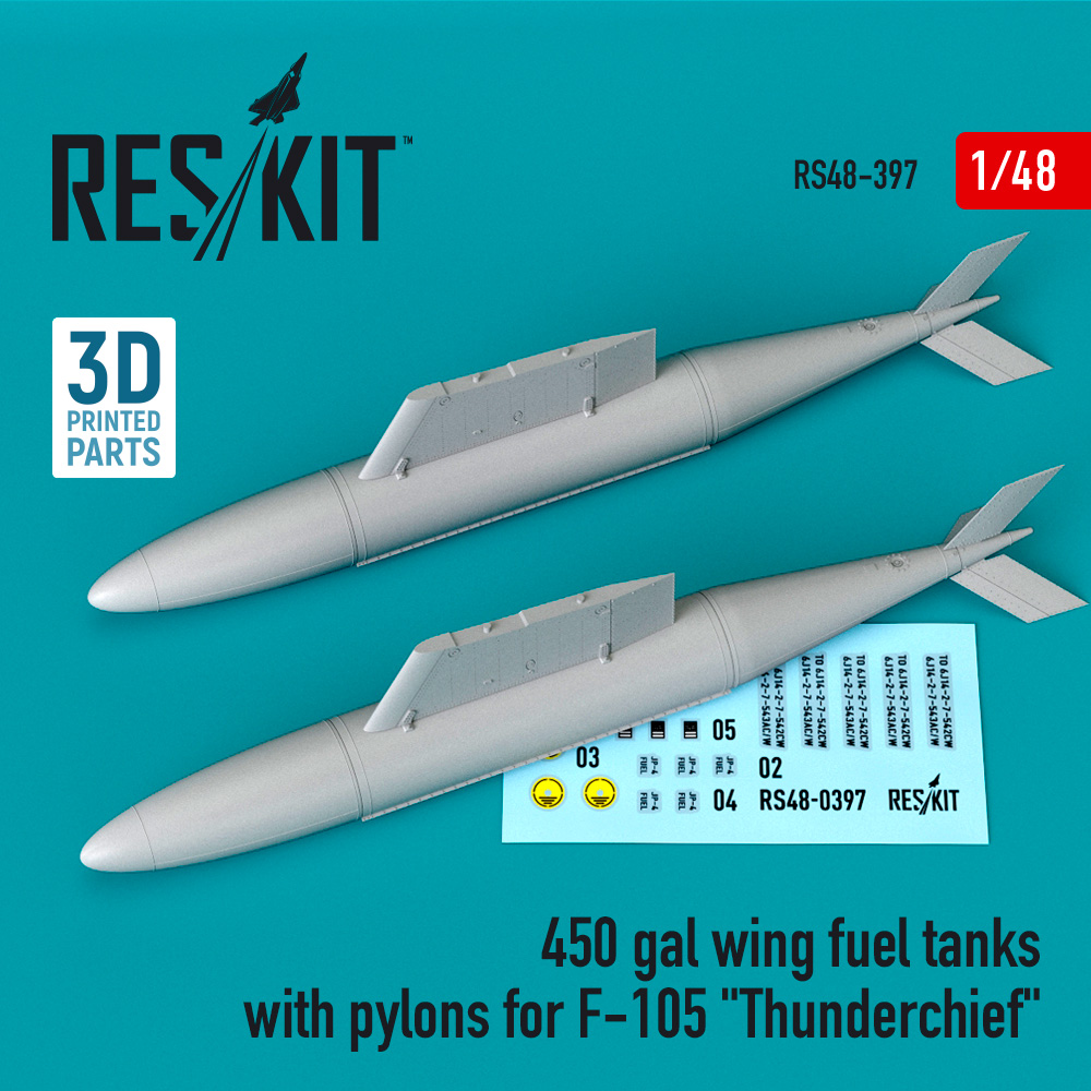 Additions (3D resin printing) 1/48 450 gal wing fuel tanks with pylons for Republic F-105D/F-105G Thunderchief (2 pcs) (ResKit)