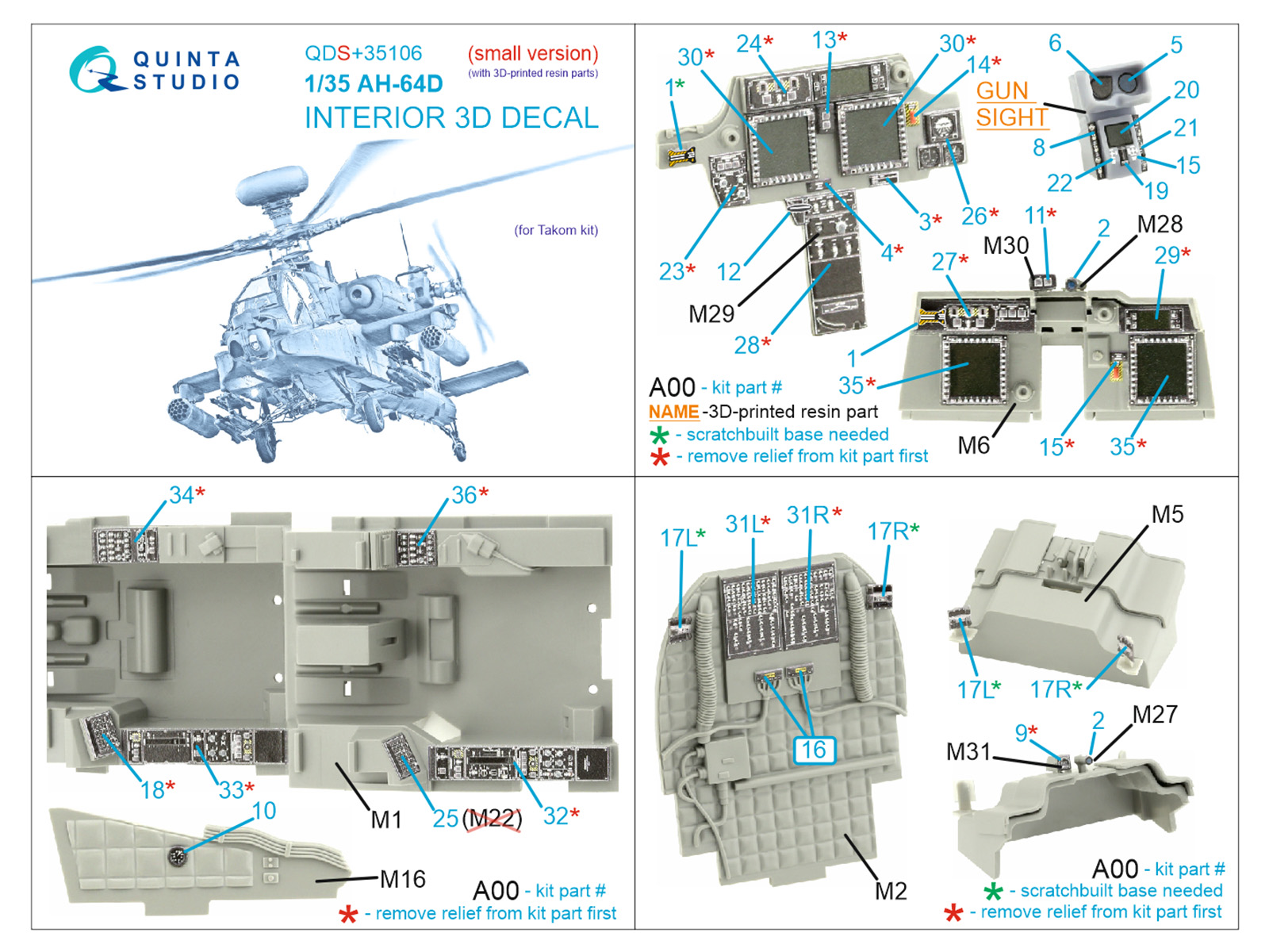 AH-64D 3D-Printed & coloured Interior on decal paper (Takom) (Small version) (with 3D-printed resin parts)