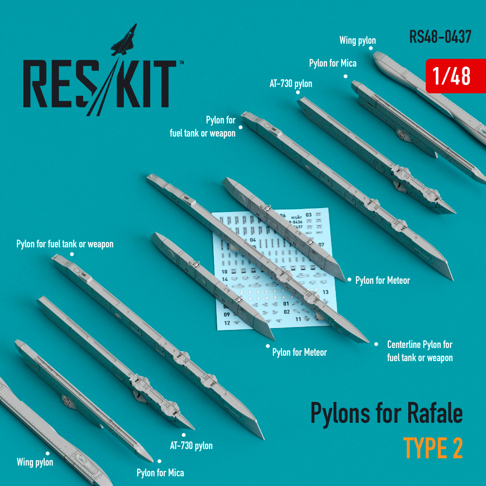 Additions (3D resin printing) 1/48 Pylons for Dassault Rafale type 2 (ResKit)