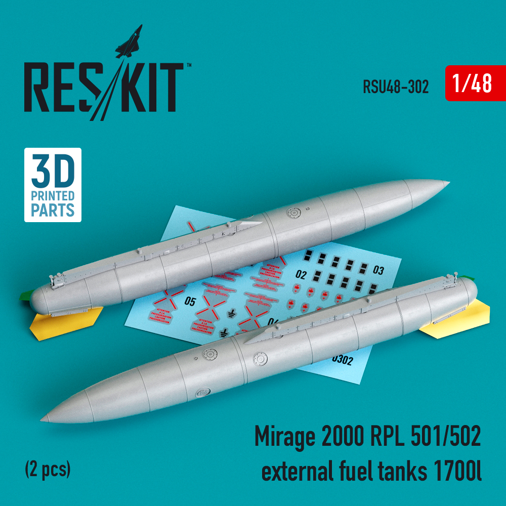 Additions (3D resin printing) 1/48 Dassault-Mirage 2000 RPL 501/502 external fuel tanks 1700lt (2 pcs)  (ResKit)