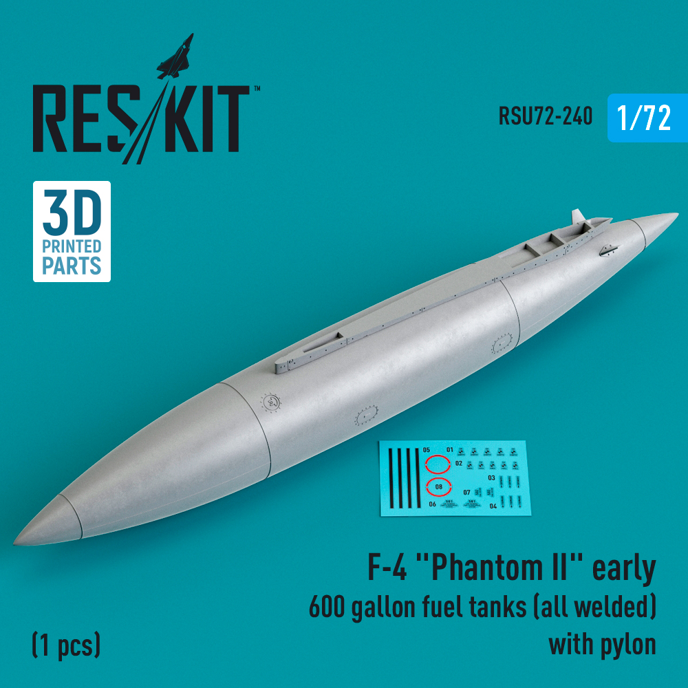 Additions (3D resin printing) 1/72 McDonnell F-4 Phantom II early 600 gallon fuel tanks (all welded) (ResKit)