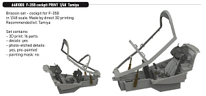 Additions (3D resin printing) 1/48 Lockheed-Martin F-35B Lightning II cockpit (для модели Tamiya kits)