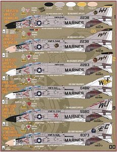 Decal 1/48 McDonnell F-4B/J Phantom sheet featuring options for 18 United States Marine Corps aircraft from the Vietnam era