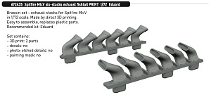 Additions (3D resin printing) 1/72 Supermarine Spitfire Mk.V six-stacks exhaust fishtail 3D-Printed 1/72 (designed to be used with Eduard kits)