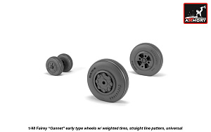 Additions (3D resin printing) 1/48  Fairey Gannet early type wheels with weighted tires of straight Tyre/Tire pattern (designed to be used with Classic Airframe and Dynavector kits)[Airfix AS.1/AS.4]